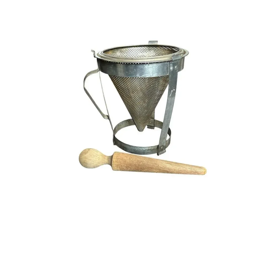 Antique Cone Sieve Food Mill Strainer on Tripod w Wood Pestle Masher some rust